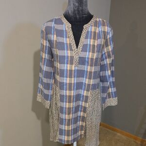 ODDY Plaid Tunic Top | Floral Trim Detail | Mixed Print | Boho | Size M